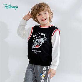迪士尼童装男童卫衣春季新款长袖假两件t恤中小童上衣秋款运动221S1683