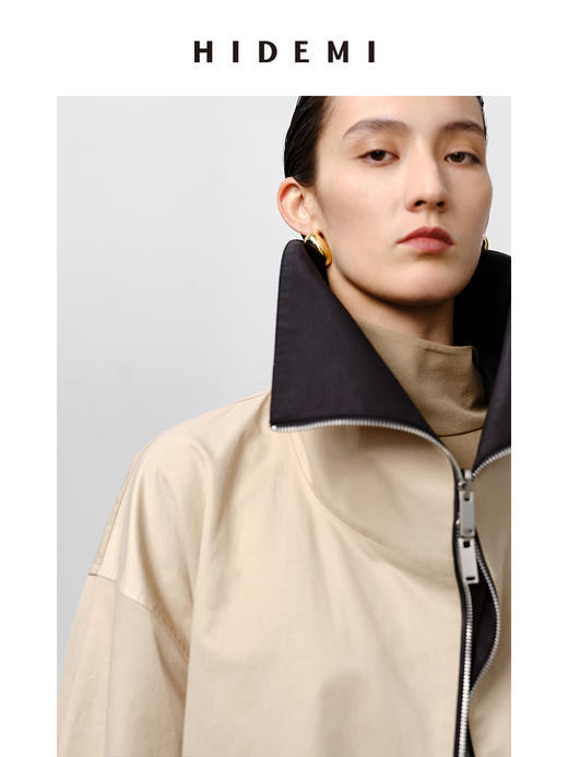 HIDEMI 黑色拼米色双层双面两穿拉链大廓形翻领外套 商品图11