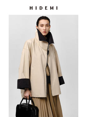 HIDEMI 黑色拼米色双层双面两穿拉链大廓形翻领外套