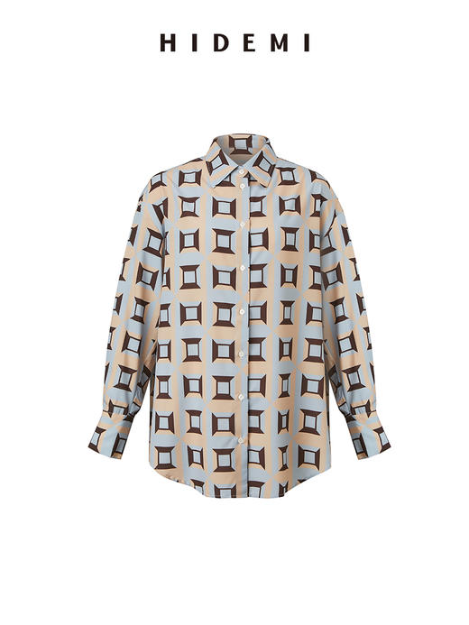 HIDEMI “我们做印花”经典几何设计感廓形印花缎面衬衫 米绿/黄蓝 商品图10