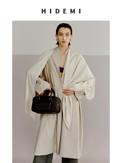 HIDEMI 极简设计感丝巾拼接式精纺羊毛长款风衣 商品图7