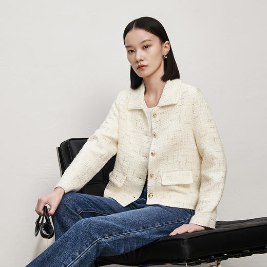 INANDON2023春款小香风短款羊毛粗花呢外套女百搭宽松春秋小个子上衣西装 商品图4