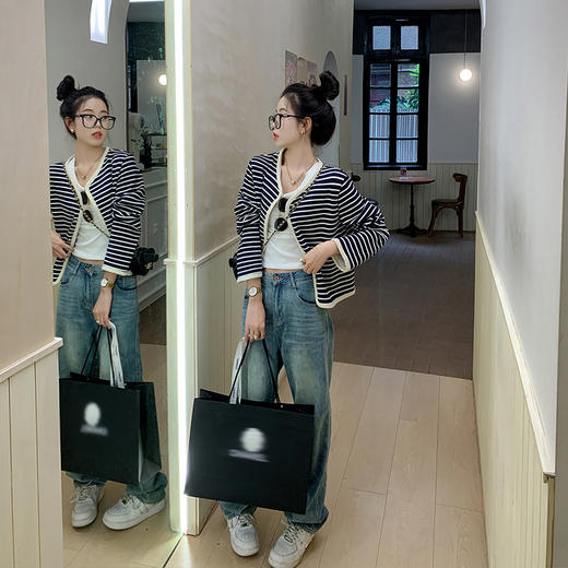 <曾小咸推荐>条纹针织毛衣开衫外套女 商品图1