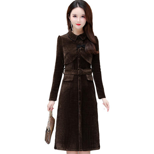 优雅修身，收腰灯芯绒长袖连衣裙QYM-22150 商品图4