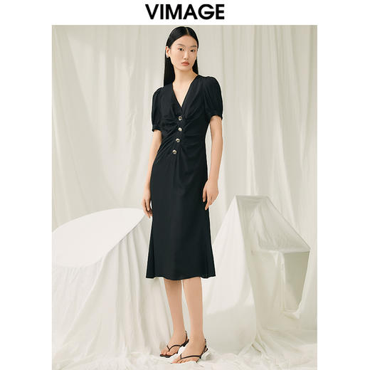 VIMAGE纬漫纪夏季新款V领高腰时尚显瘦百褶泡泡袖裙摆开叉连衣裙V1907535 商品图1