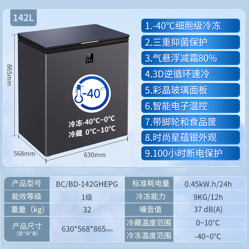 海尔（Haier）【多仓速达】海尔冰柜家用 低温迷你小冰柜冷柜 冷藏冷冻切换 深冷速冻零下小型电冰柜小富豪 BC/BD-142GHEPG-顶配-40℃超低温