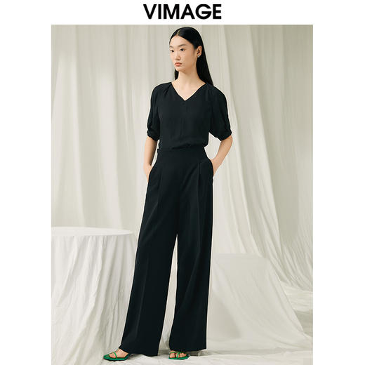 VIMAGE纬漫纪夏季新款泡泡袖V领修身短袖小上衣女V1913528 商品图1