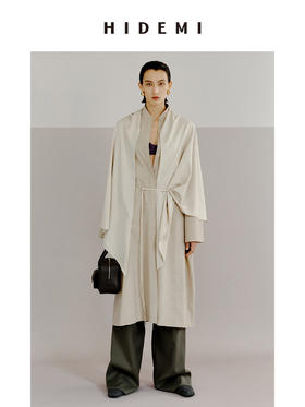 HIDEMI 极简设计感丝巾拼接式精纺羊毛长款风衣