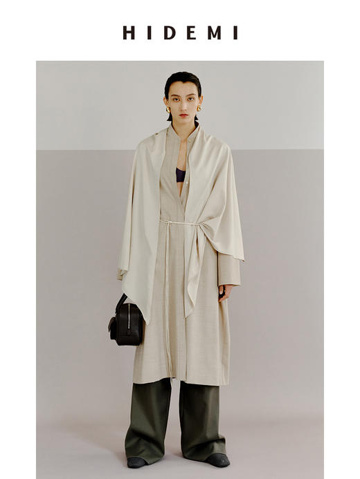 HIDEMI 极简设计感丝巾拼接式精纺羊毛长款风衣 商品图0
