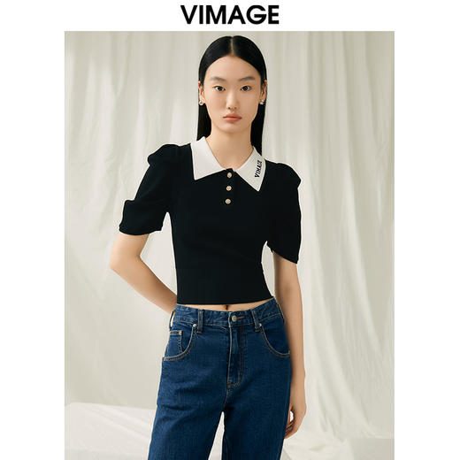 VIMAGE纬漫纪夏季新款显瘦撞色短款泡泡袖针织上衣V1901520 商品图3