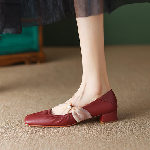 舒适简约，珍珠网纱粗跟浅口皮鞋WC-9740 商品图11