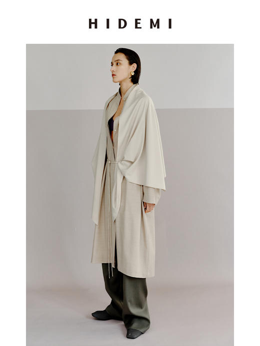 HIDEMI 极简设计感丝巾拼接式精纺羊毛长款风衣 商品图9