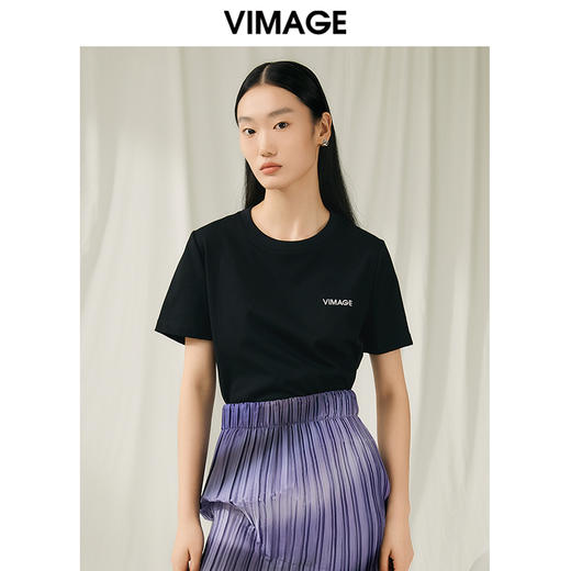VIMAGE纬漫纪夏季新款100%棉时尚百搭打底舒适弹力圆领T恤女V1902506 商品图2