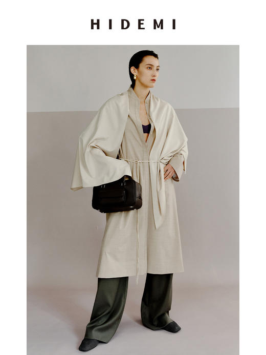 HIDEMI 极简设计感丝巾拼接式精纺羊毛长款风衣 商品图6
