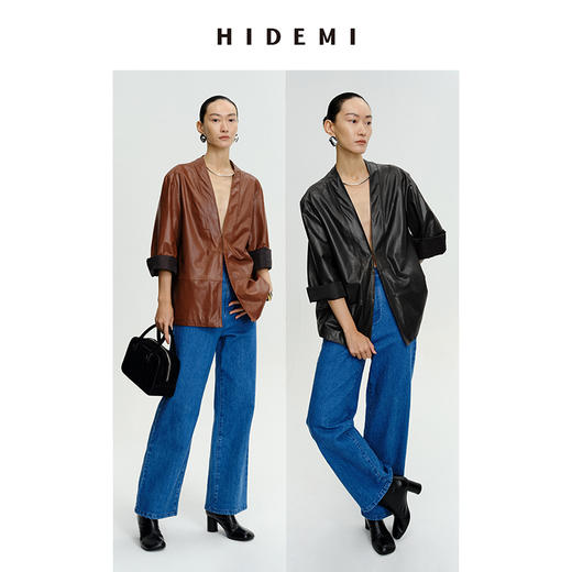 HIDEMI 新西兰羊皮V领极简廓形西装皮衣外套 蜡感焦糖色/亚光黑色 商品图0