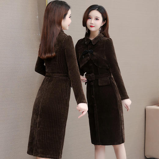 优雅修身，收腰灯芯绒长袖连衣裙QYM-22150 商品图2