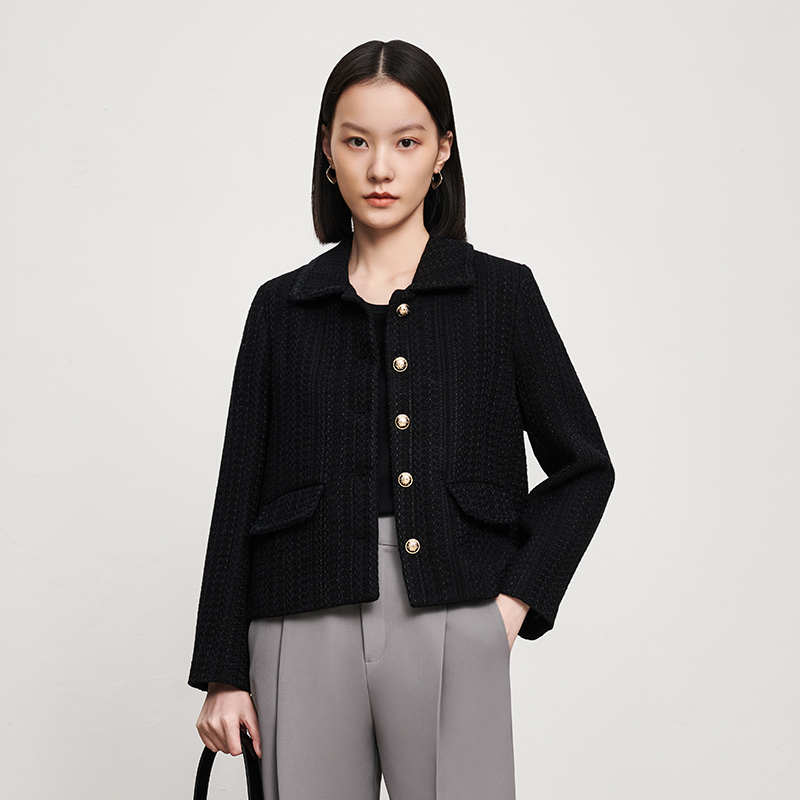 INANDON2023春款小香风短款羊毛粗花呢外套女百搭宽松春秋小个子上衣西装