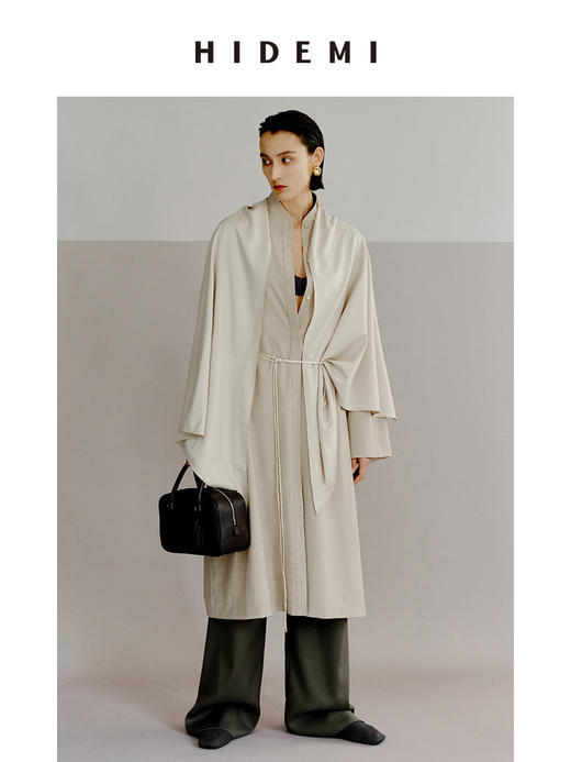 HIDEMI 极简设计感丝巾拼接式精纺羊毛长款风衣 商品图3