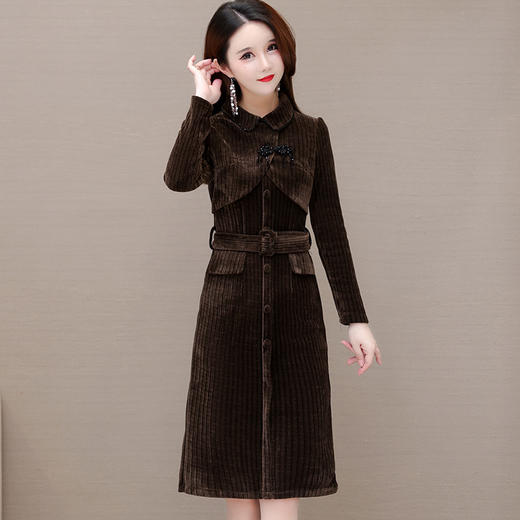 优雅修身，收腰灯芯绒长袖连衣裙QYM-22150 商品图1