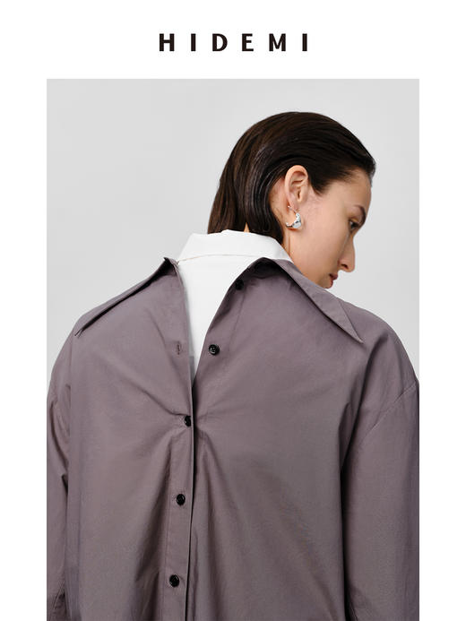 HIDEMI 极简剪刀领宽松廓形水洗棉衬衫 白色/灰雾绿 商品图10