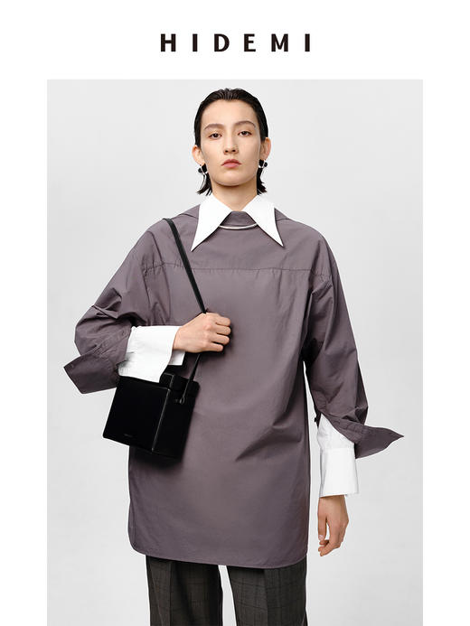 HIDEMI 极简剪刀领宽松廓形水洗棉衬衫 白色/灰雾绿 商品图9
