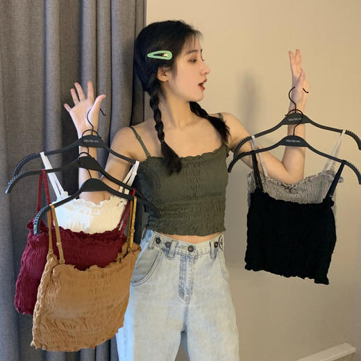 【超百搭❗️带bra性感吊带】不挑身材，内搭外穿都好看，心机美背，新款韩版背心女带胸垫上衣短袖款百搭褶皱美背文胸一体潮内衣 商品图1