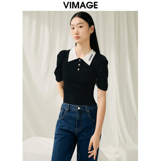 VIMAGE纬漫纪夏季新款显瘦撞色短款泡泡袖针织上衣V1901520 商品图2
