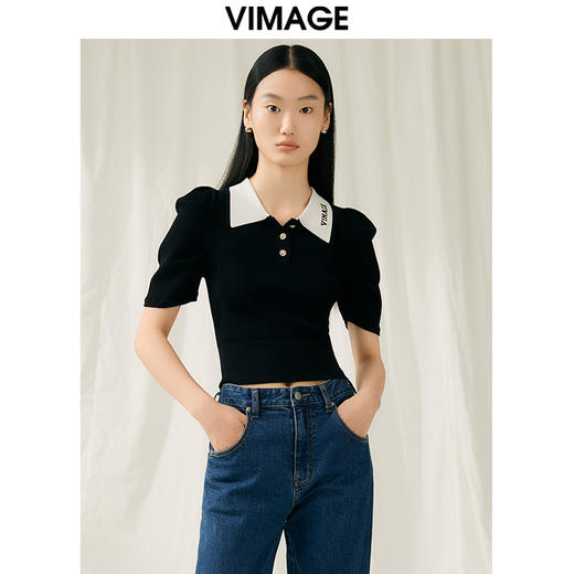 VIMAGE纬漫纪夏季新款显瘦撞色短款泡泡袖针织上衣V1901520 商品图5