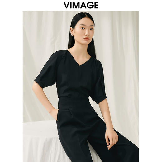 VIMAGE纬漫纪夏季新款泡泡袖V领修身短袖小上衣女V1913528 商品图0