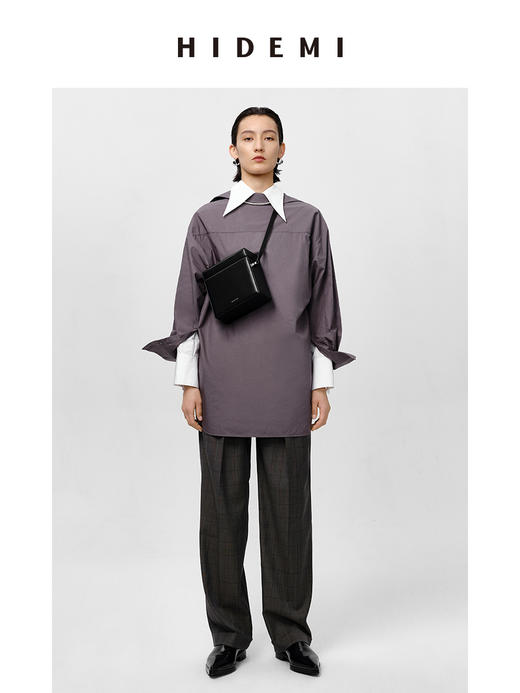 HIDEMI 极简剪刀领宽松廓形水洗棉衬衫 白色/灰雾绿 商品图12