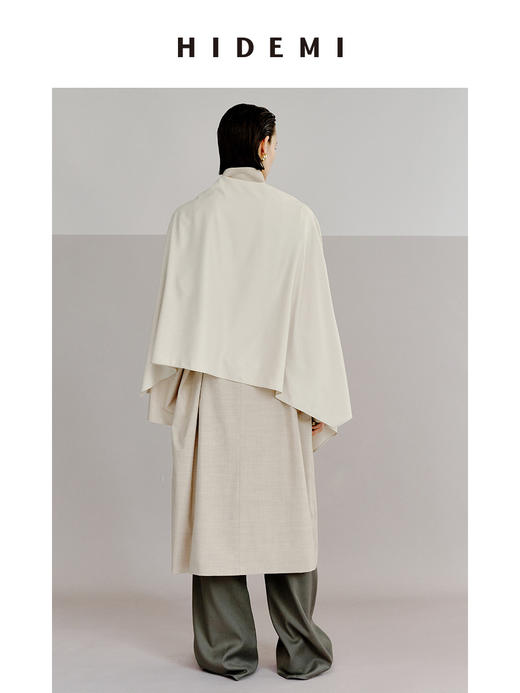 HIDEMI 极简设计感丝巾拼接式精纺羊毛长款风衣 商品图13