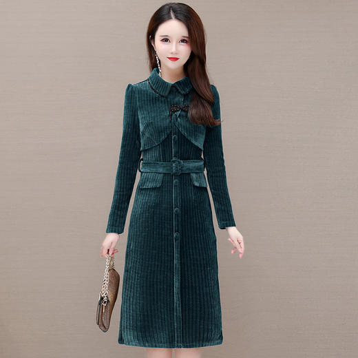 优雅修身，收腰灯芯绒长袖连衣裙QYM-22150 商品图0