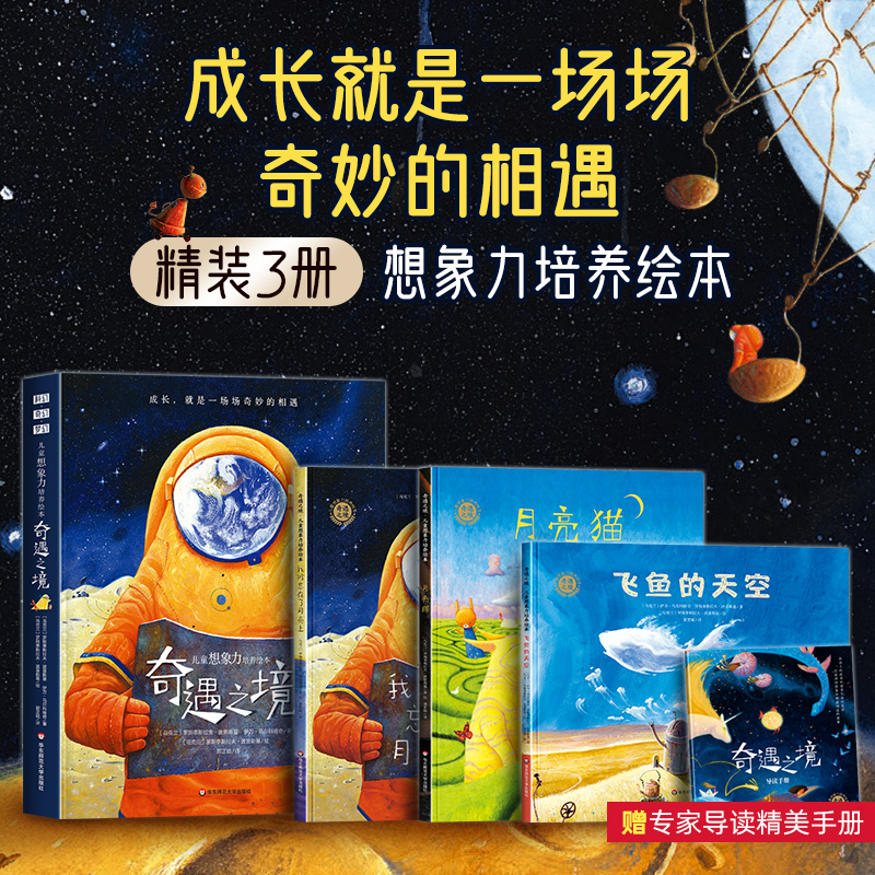 精装3册 奇遇之境 飞鱼的天空 月亮猫 儿童想象力培养绘本给孩子的科幻奇幻梦幻绘本3–6岁幼儿园老师推荐4-5岁以上故事书大班阅读