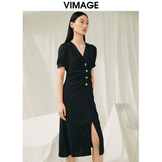 VIMAGE纬漫纪夏季新款V领高腰时尚显瘦百褶泡泡袖裙摆开叉连衣裙V1907535 商品图2