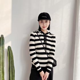 2023宽松设计感上衣条纹连帽春秋长袖针织衫女