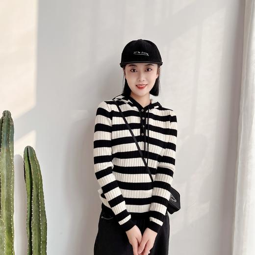 2023宽松设计感上衣条纹连帽春秋长袖针织衫女 商品图0