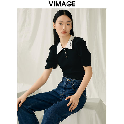 VIMAGE纬漫纪夏季新款显瘦撞色短款泡泡袖针织上衣V1901520 商品图0