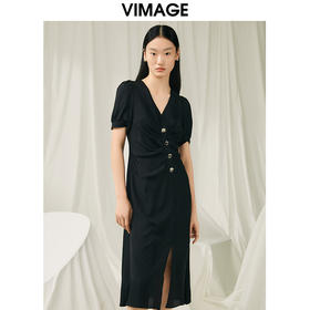 VIMAGE纬漫纪夏季新款V领高腰时尚显瘦百褶泡泡袖裙摆开叉连衣裙V1907535
