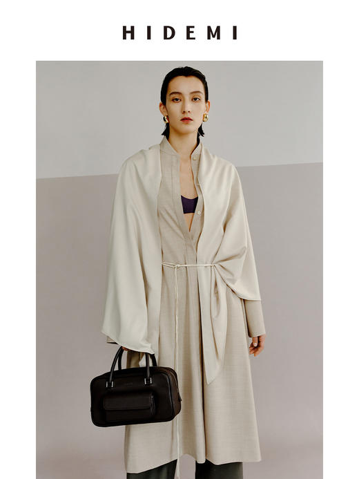 HIDEMI 极简设计感丝巾拼接式精纺羊毛长款风衣 商品图5