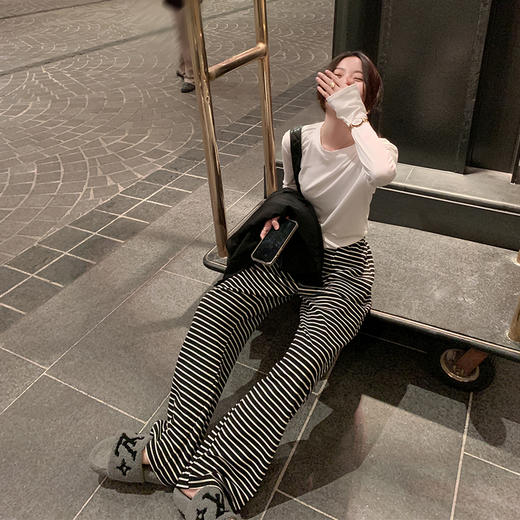 <曾小咸推荐>巨折清仓秒杀，稀有现货24小时发【仅限今日】高腰休闲裤女春夏新款韩版百搭条纹直筒垂感阔腿裤拖地长裤 商品图3