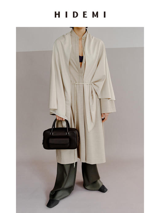 HIDEMI 极简设计感丝巾拼接式精纺羊毛长款风衣 商品图10