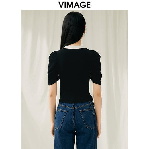 VIMAGE纬漫纪夏季新款显瘦撞色短款泡泡袖针织上衣V1901520 商品图4