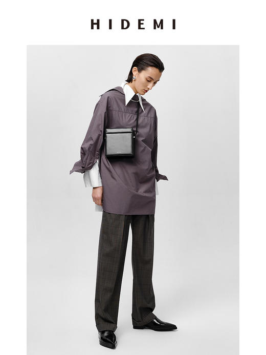 HIDEMI 极简剪刀领宽松廓形水洗棉衬衫 白色/灰雾绿 商品图11