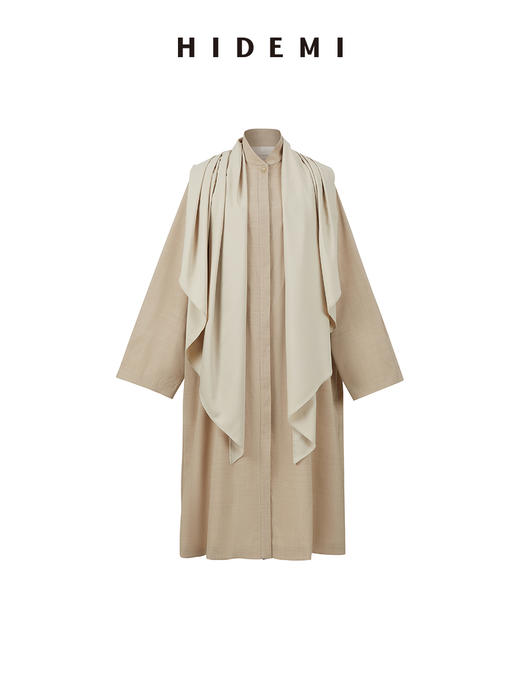 HIDEMI 极简设计感丝巾拼接式精纺羊毛长款风衣 商品图14