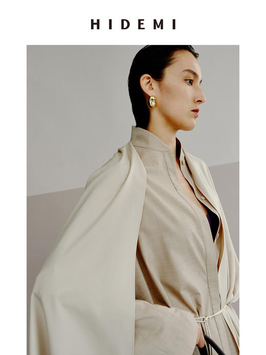 HIDEMI 极简设计感丝巾拼接式精纺羊毛长款风衣 商品图8