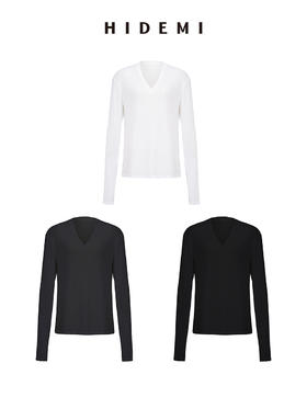 HIDEMI 柔顺云朵感清透V领超显瘦长袖薄针织T恤上衣 黑色/灰色/白色