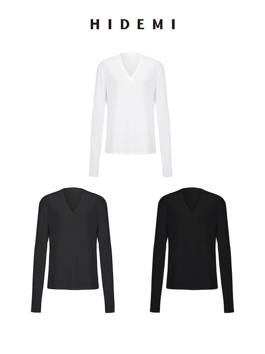 HIDEMI 柔顺云朵感清透V领超显瘦长袖薄针织T恤上衣 黑色/灰色/白色 商品图0