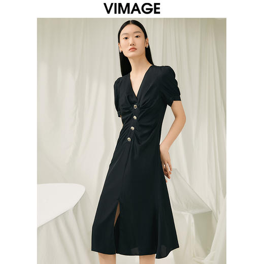 VIMAGE纬漫纪夏季新款V领高腰时尚显瘦百褶泡泡袖裙摆开叉连衣裙V1907535 商品图3