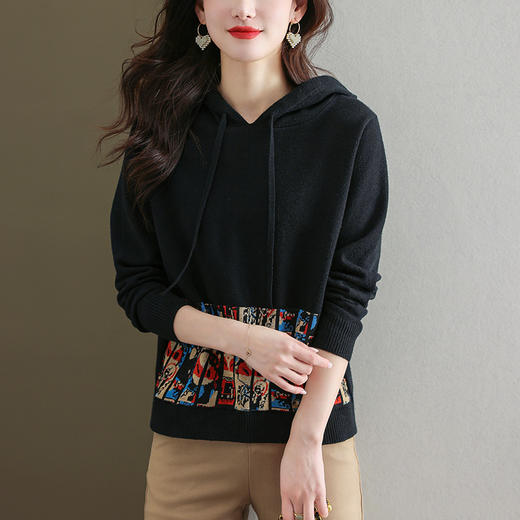 连帽针织卫衣，薄款复古印花毛衣宽松带帽打底衫洋气CC-477 商品图6