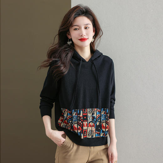 连帽针织卫衣，薄款复古印花毛衣宽松带帽打底衫洋气CC-477 商品图3